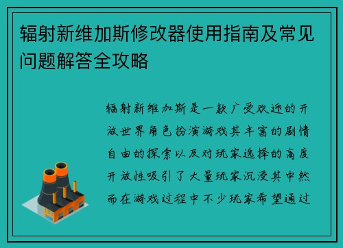 辐射新维加斯修改器使用指南及常见问题解答全攻略